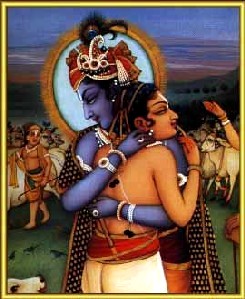 Krishna abraa Gopa-kumara que chega em Goloka Vrindavana