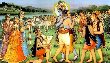 Krishna abraa Gopa-kumara que chega a Goloka Vrindavana